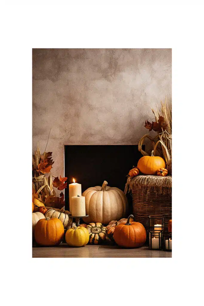 Autumn decorating ideas featuring a fireplace adorned with pumpkins and other fall decorations.