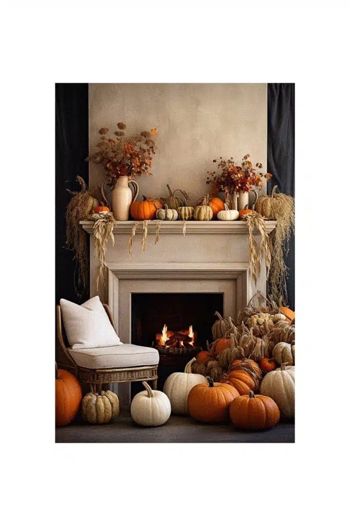 A festive autumn mantle showcasing pumpkins and a cozy chair.