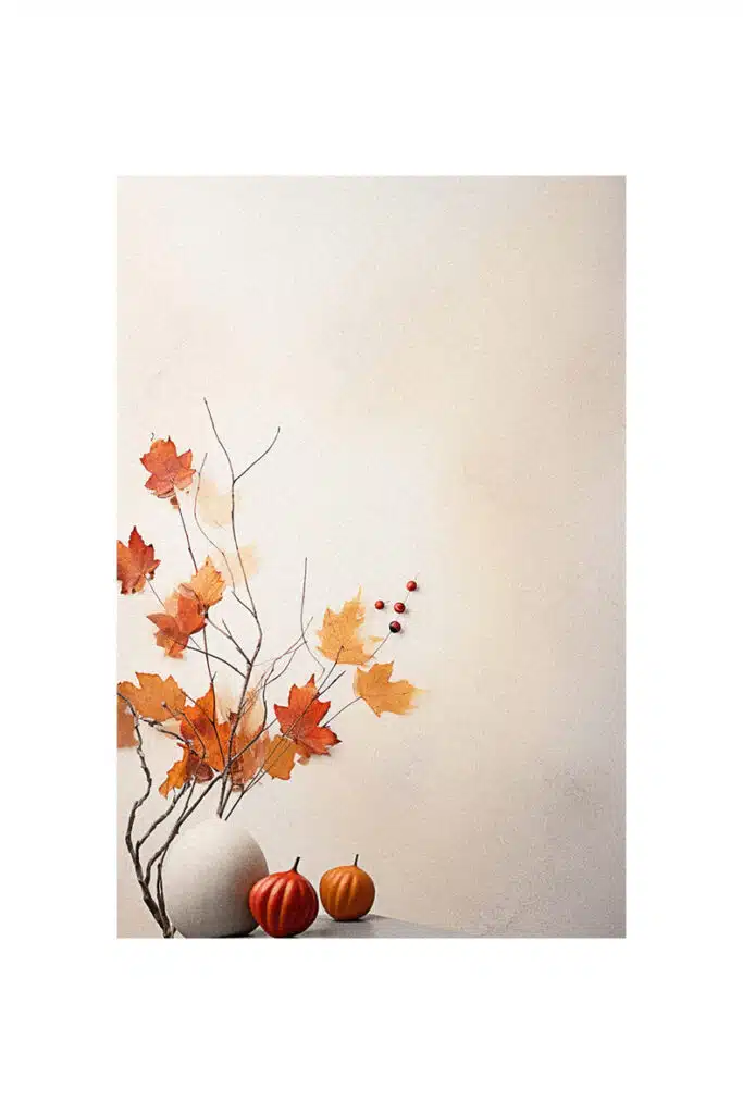 Autumn decorating ideas with a vase filled with leaves and pumpkins.