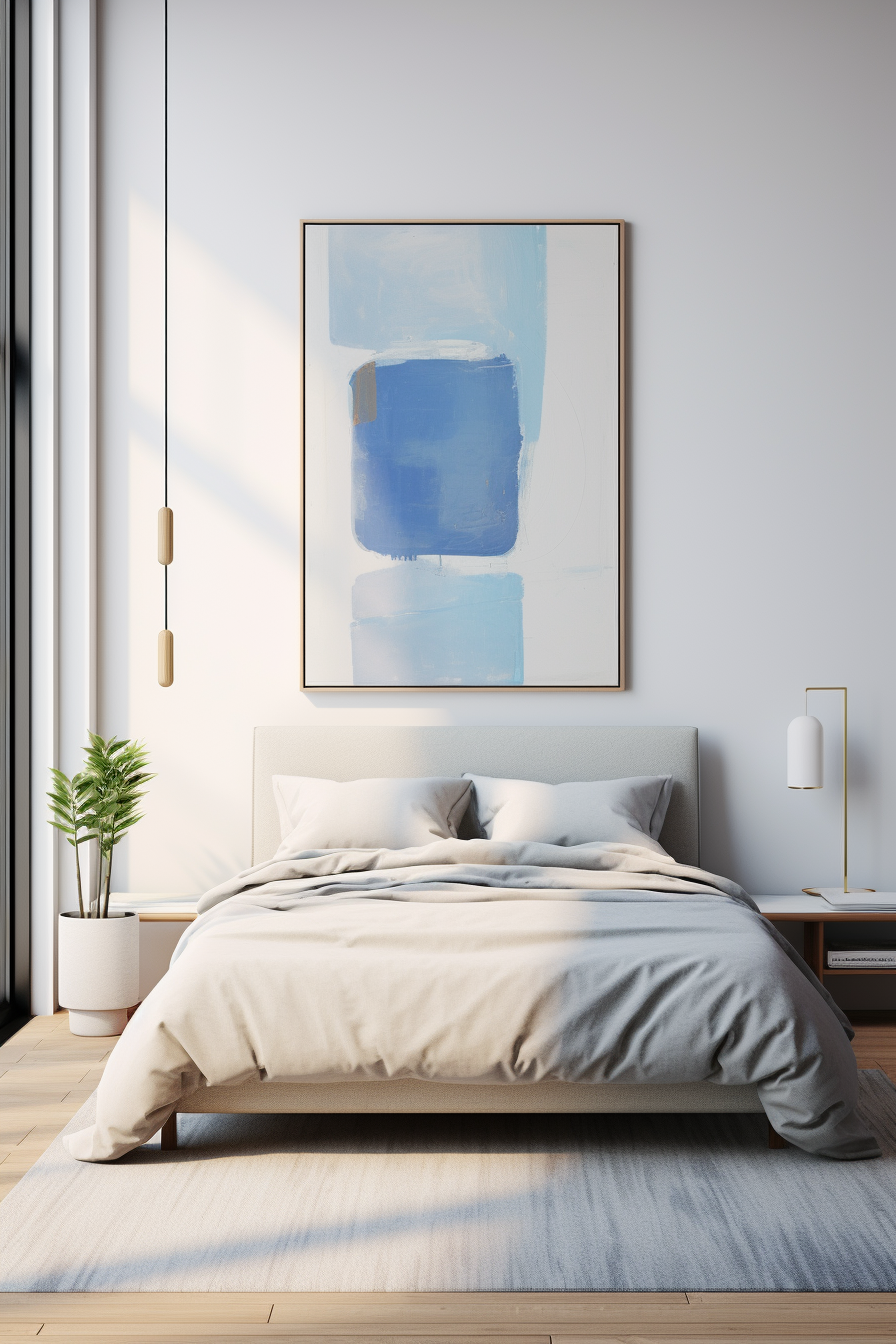 A white bedroom with a beautiful blue painting on the wall.
