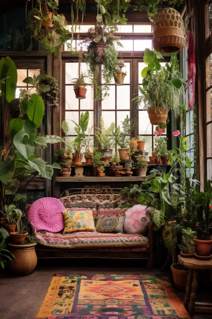 A cozy room filled with an array of beautiful potted plants and a comfortable couch, embodying the bohemian style.
