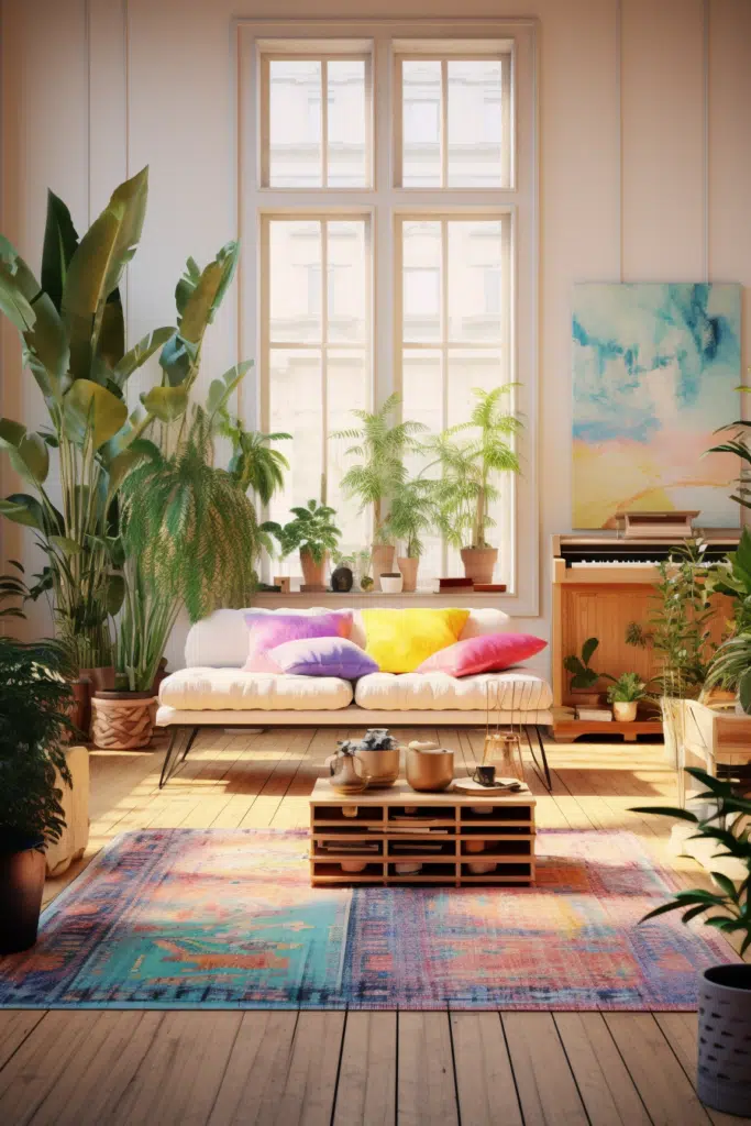 A bohemian-style room adorned with a couch and plants.