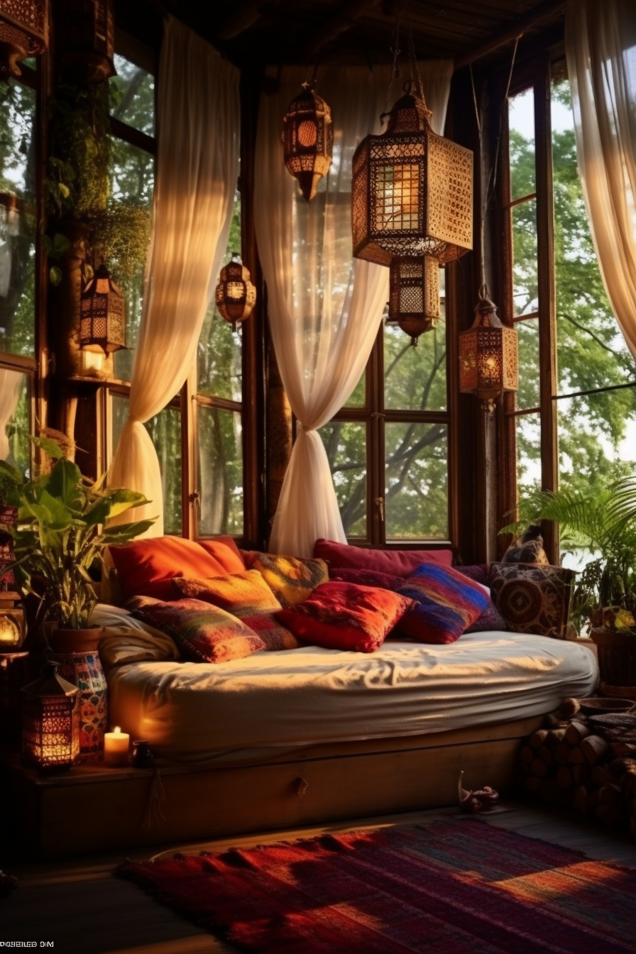 A Bohemian-style room adorned with a cozy bed, plush pillows, and mesmerizing lanterns.