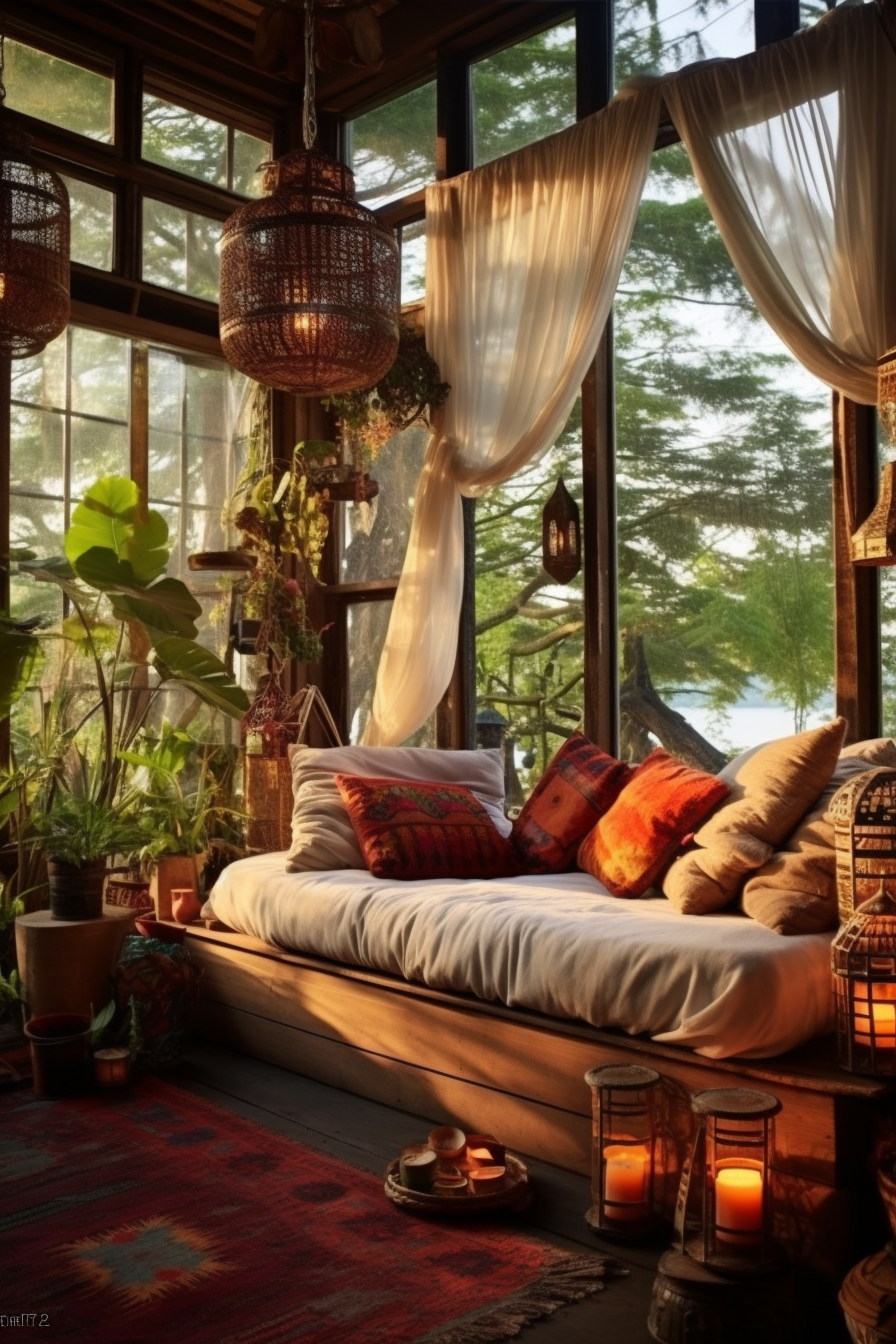 A bohemian-style room with a bed and a couch in front of a window.