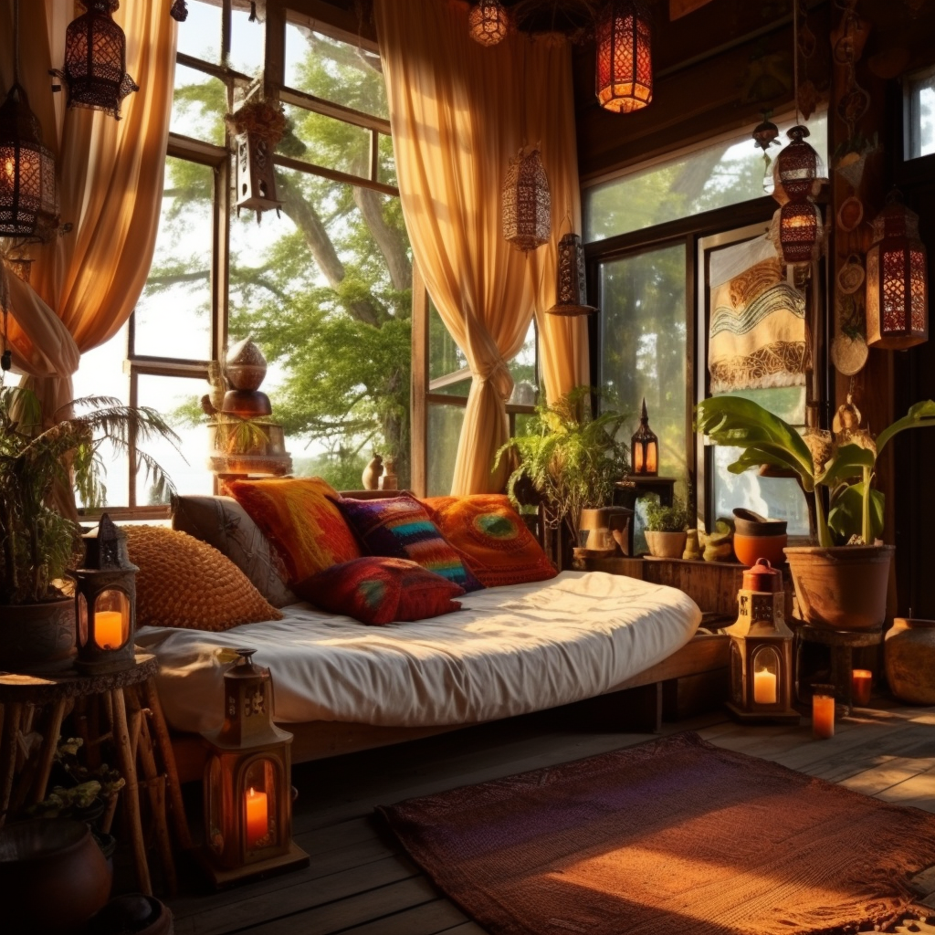 A bohemian-style room adorned with a cozy bed, fluffy pillows, and enchanting lanterns.