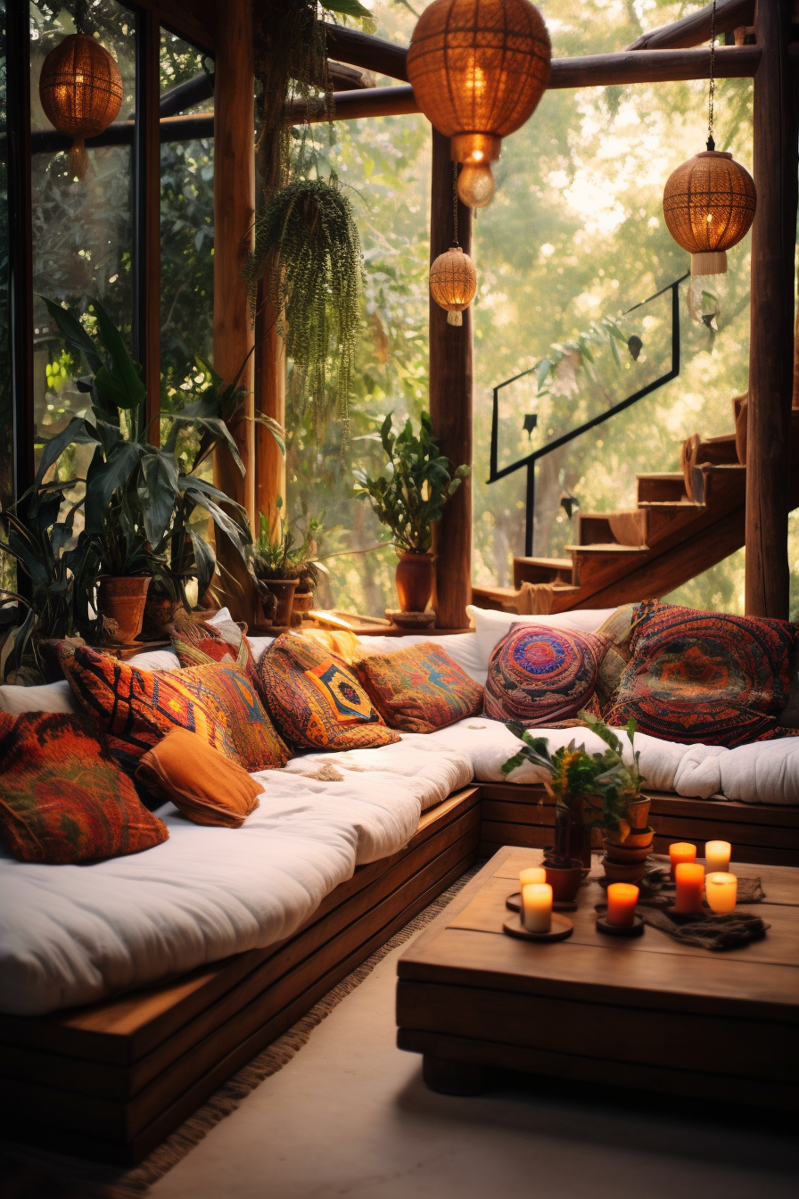 A Bohemian style couch in a living room.