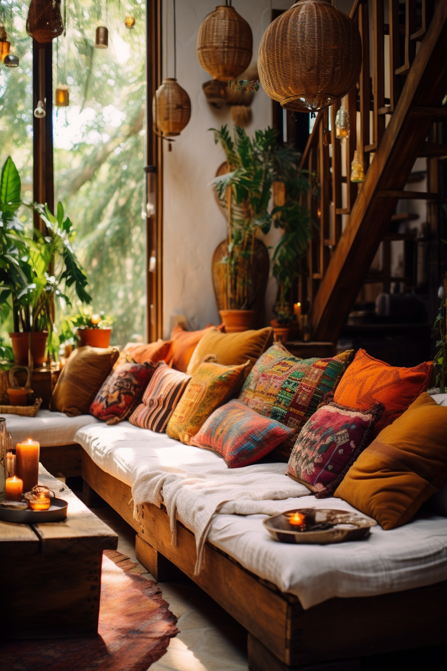 A bohemian-style living room adorned with an abundance of pillows and vibrant green plants.