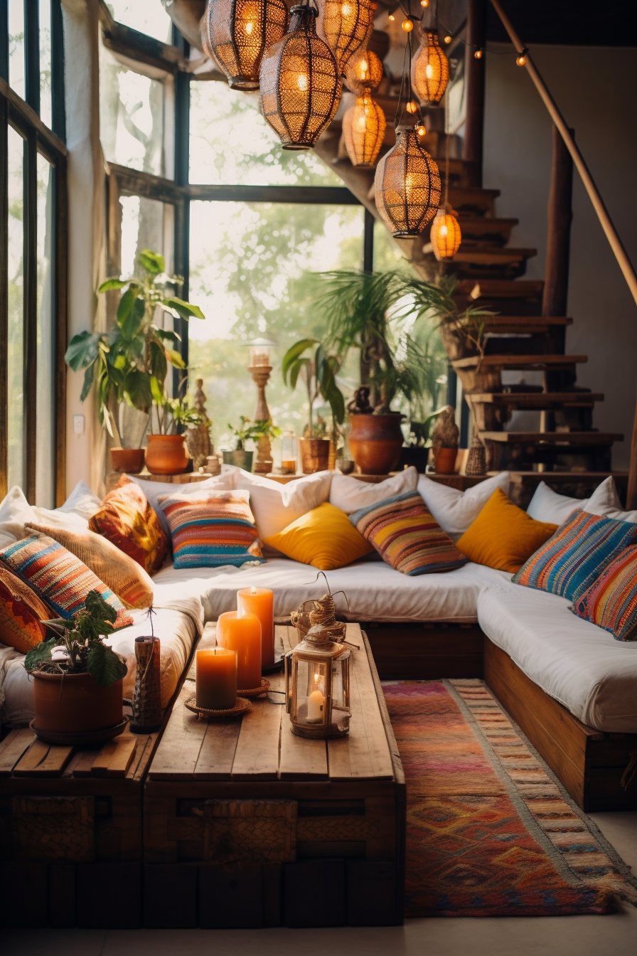 Bohemian living room with colorful pillows and lamps in a Bohemian style house.