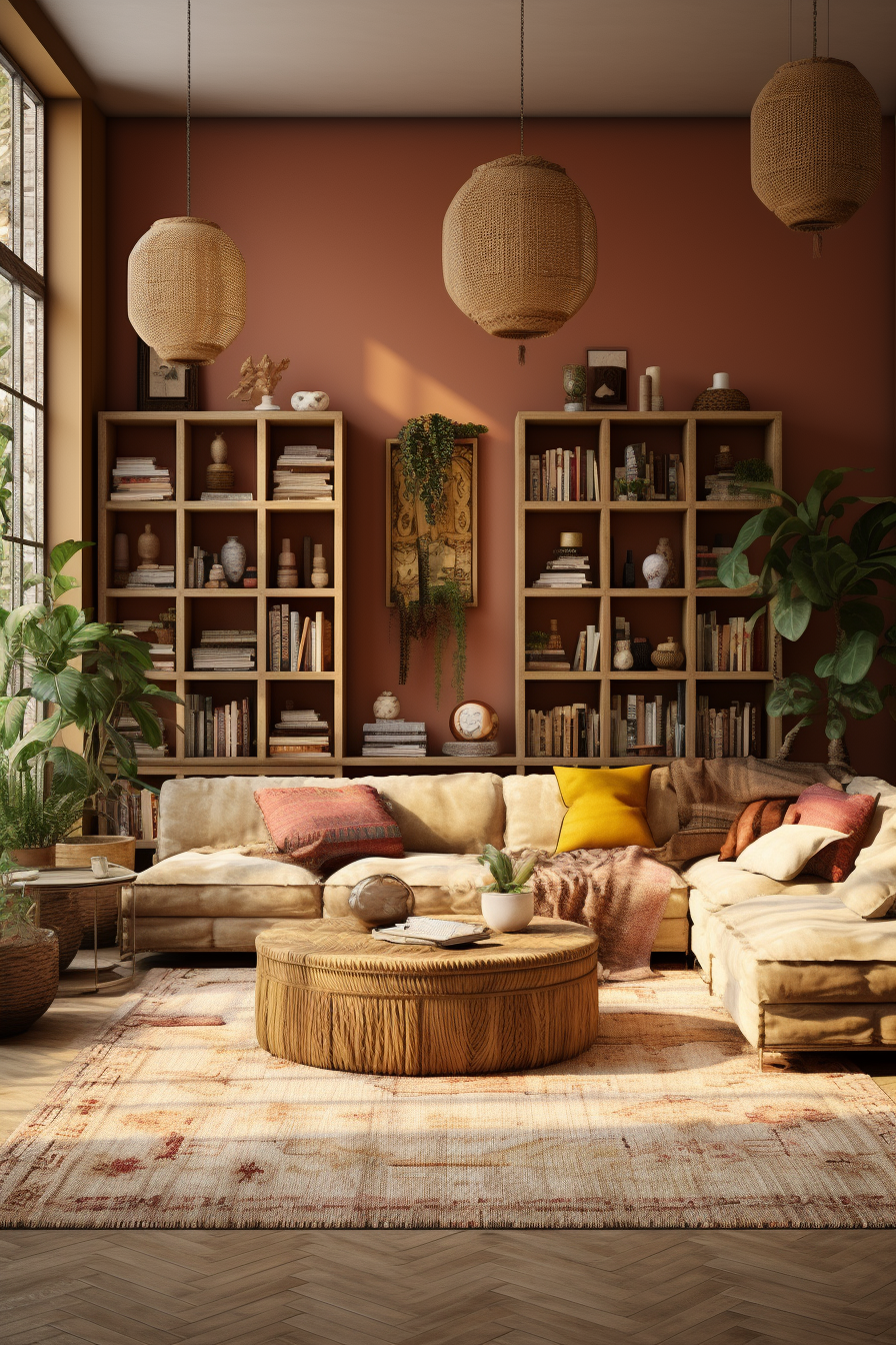 A bohemian-style living room adorned with abundant bookshelves and a coffee table.