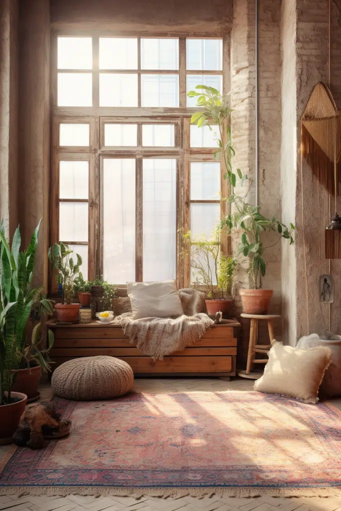 A bohemian-style room adorned with plants and a window.