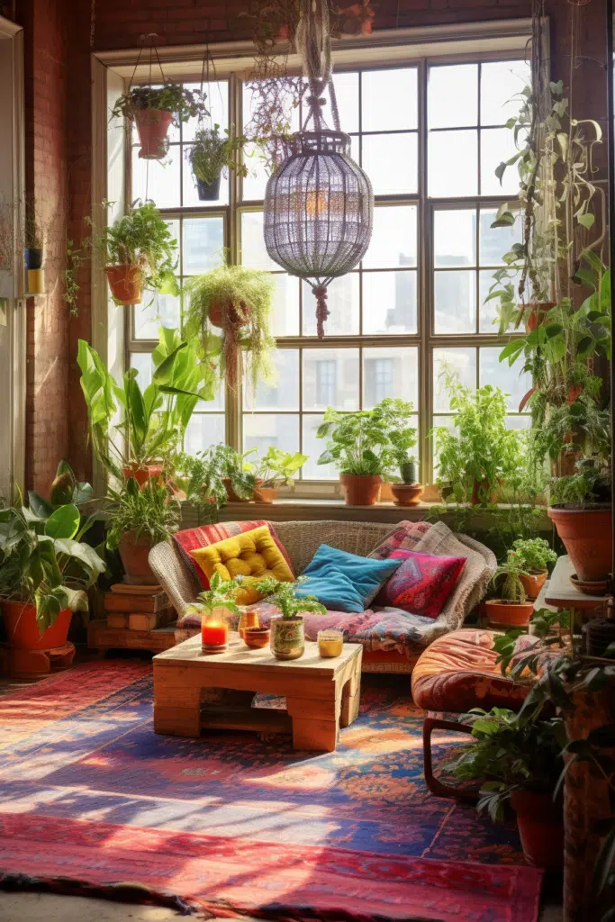 A bohemian-style living room adorned with potted plants and a cozy rug.