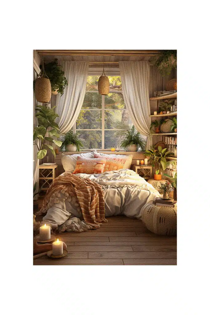 A boho country bedroom with a bed and a window.