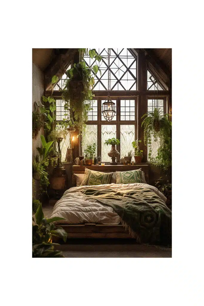 A boho bedroom with a bed, plants, and a window.