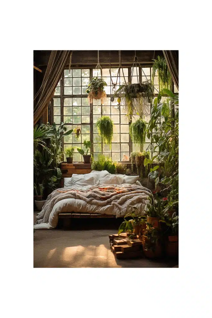 A boho bedroom with plants hanging from the ceiling.