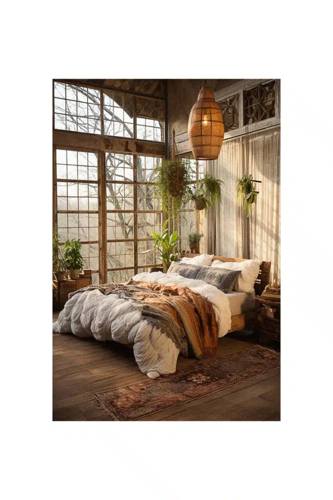 A boho country bedroom featuring a bed and windows.