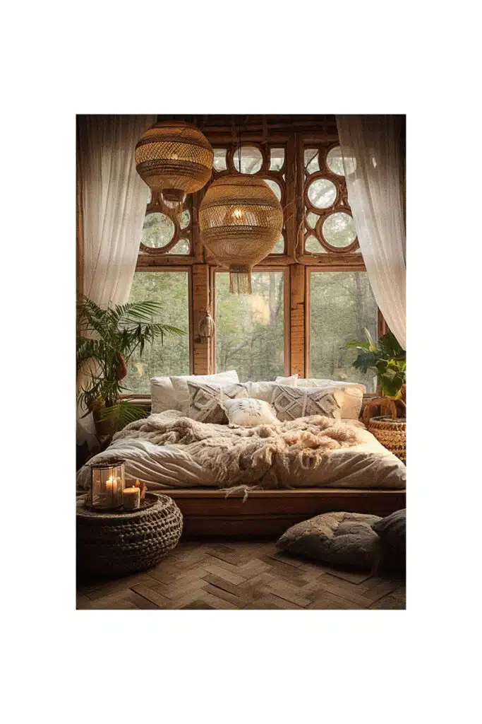 A boho bedroom with large windows.