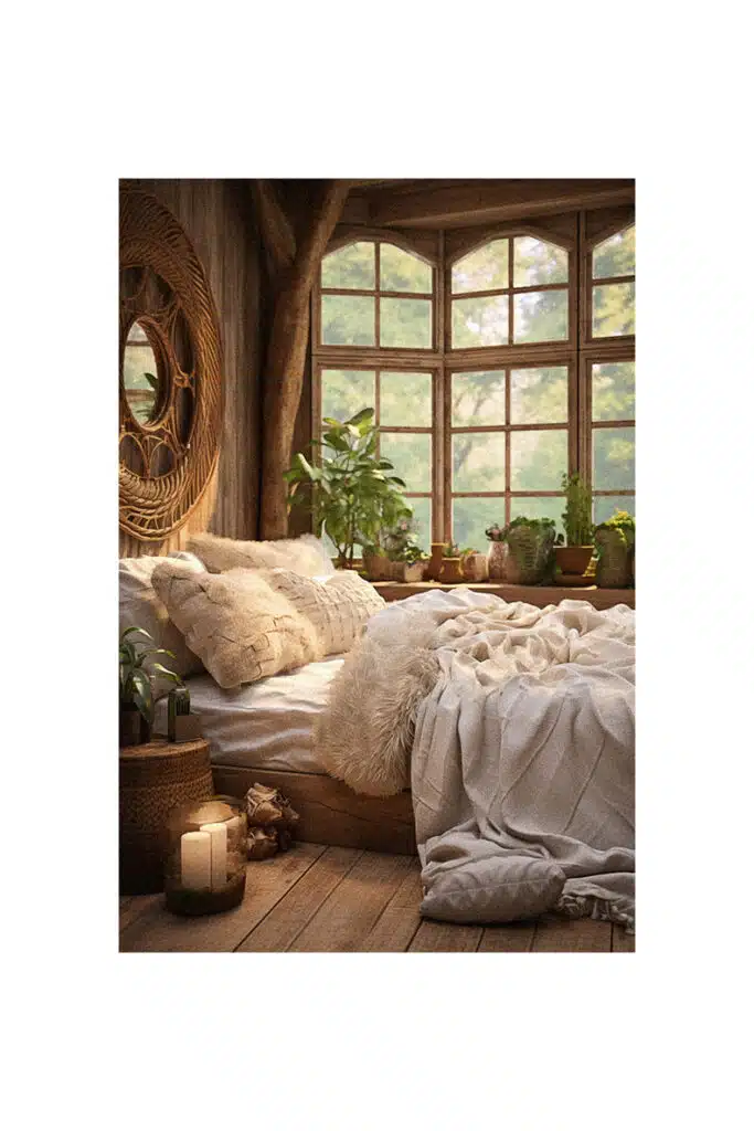 A boho-inspired bedroom with a bed and a window.