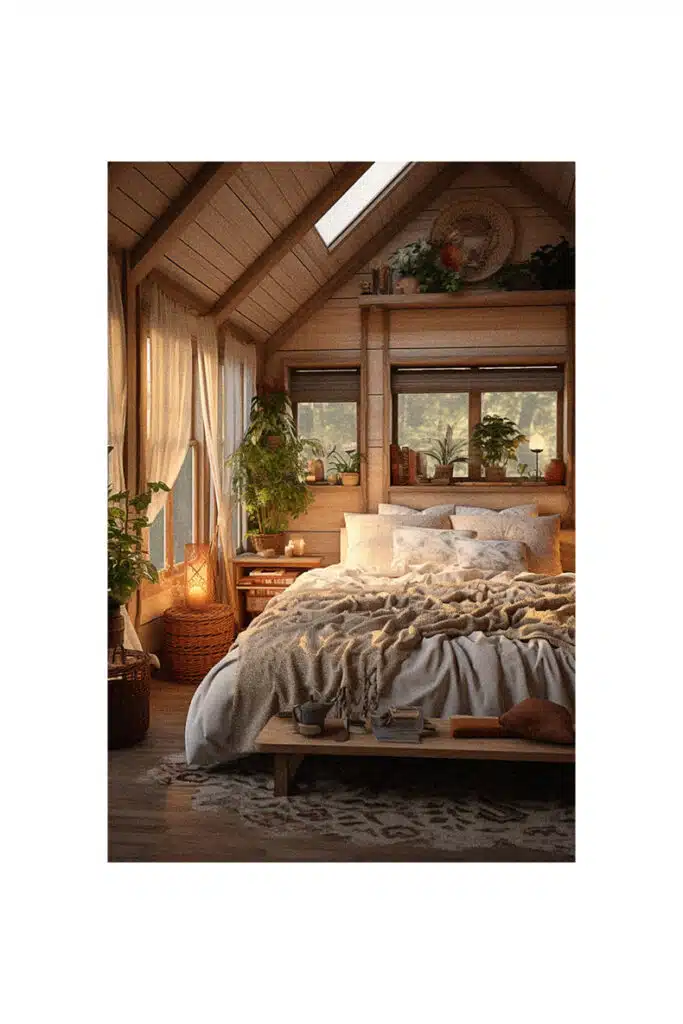 A boho country bedroom with a bed and a window.
