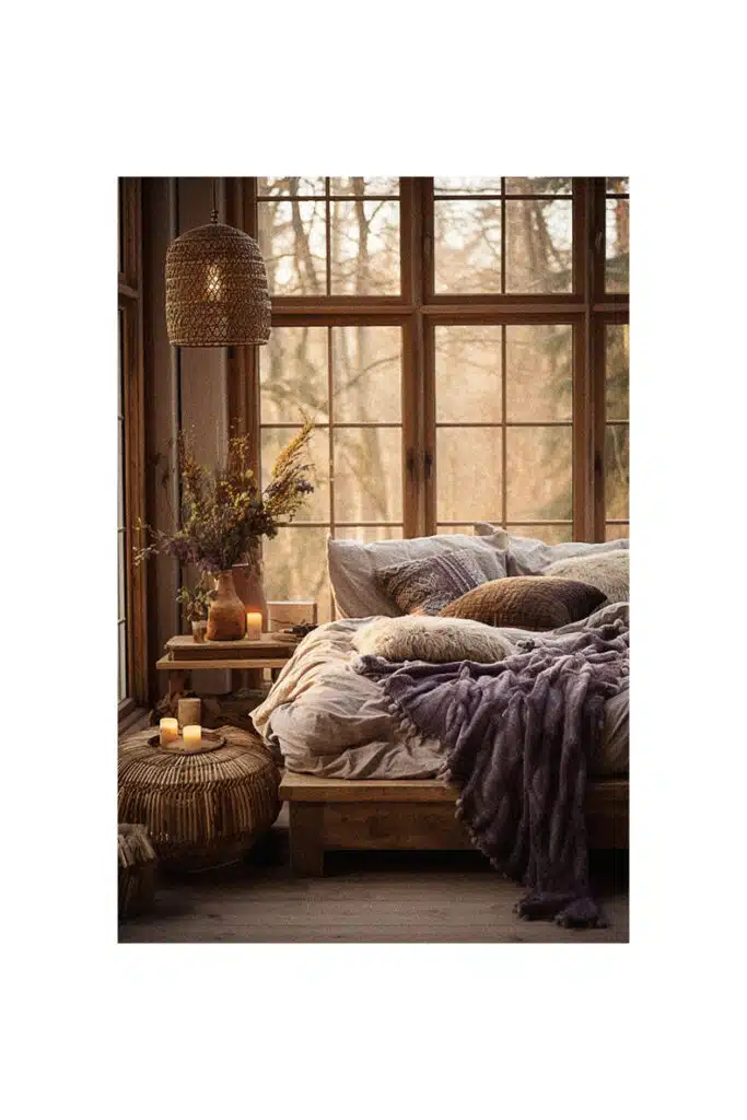 A boho bedroom with a bed, pillows, and candles.