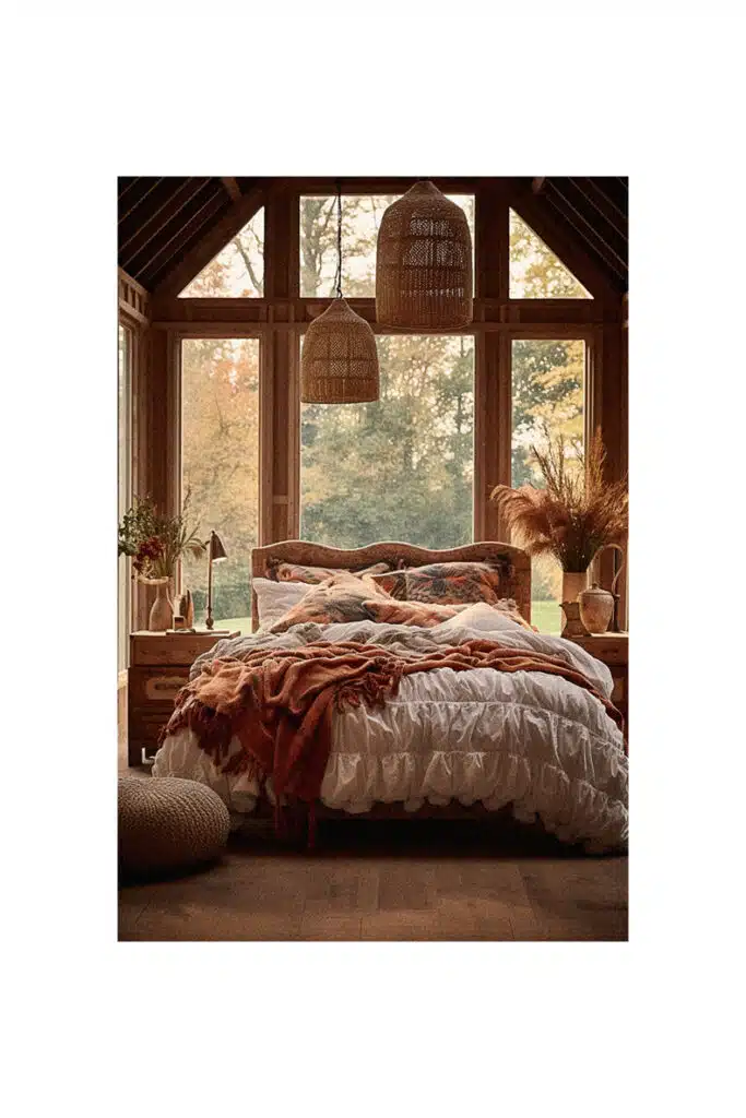 A boho country bedroom with large windows.