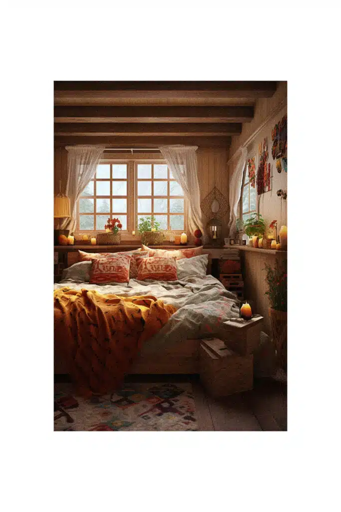 A boho bedroom with a window.