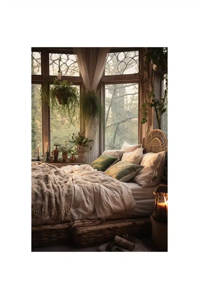 A boho bedroom with plants in front of a window.