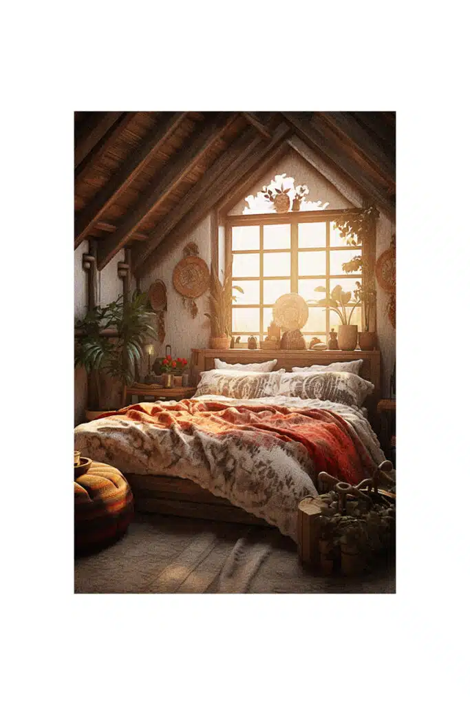 A boho-styled bedroom with a bed and a window.