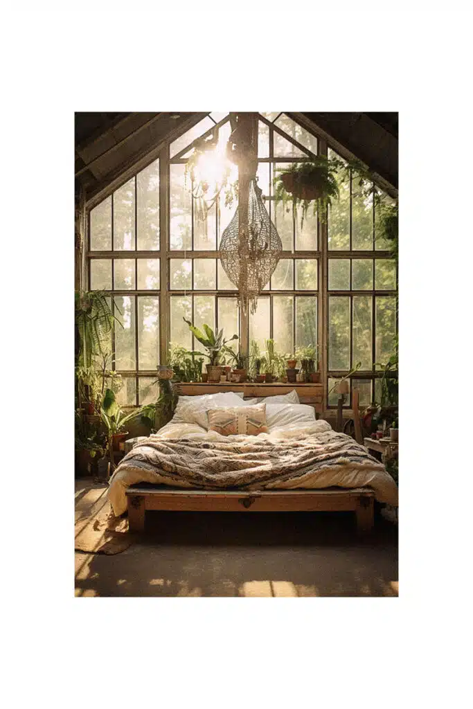 A boho bedroom with plants and windows.