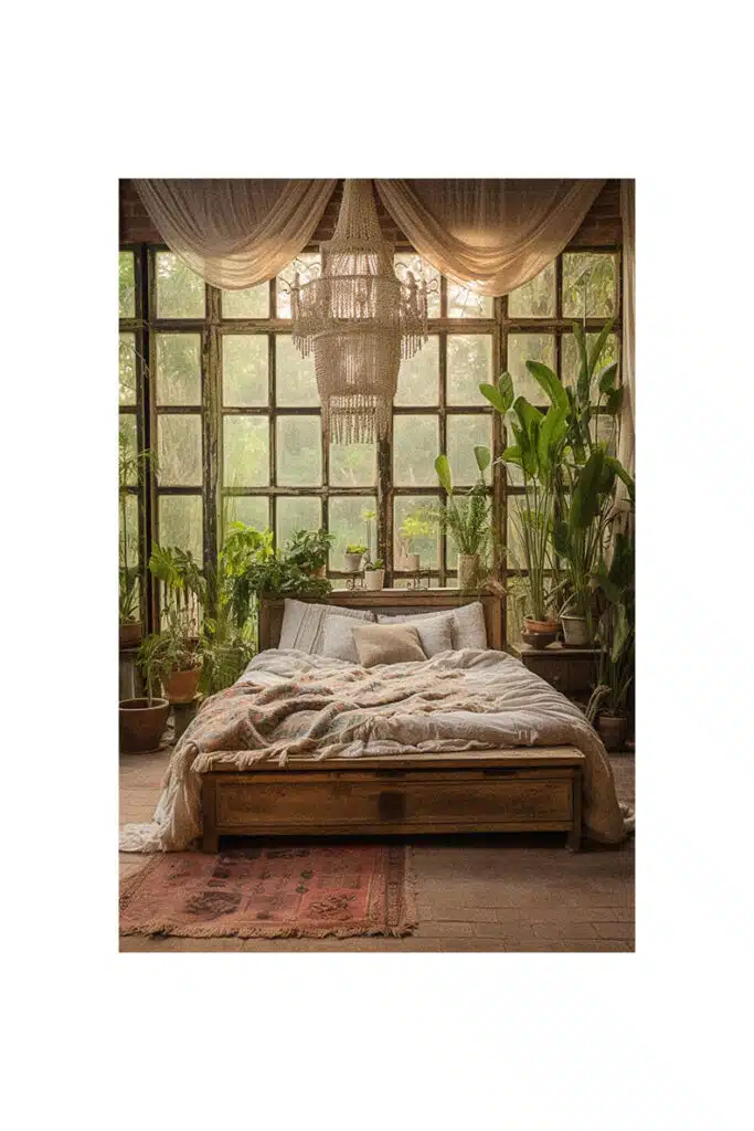 A boho bedroom with a large window.