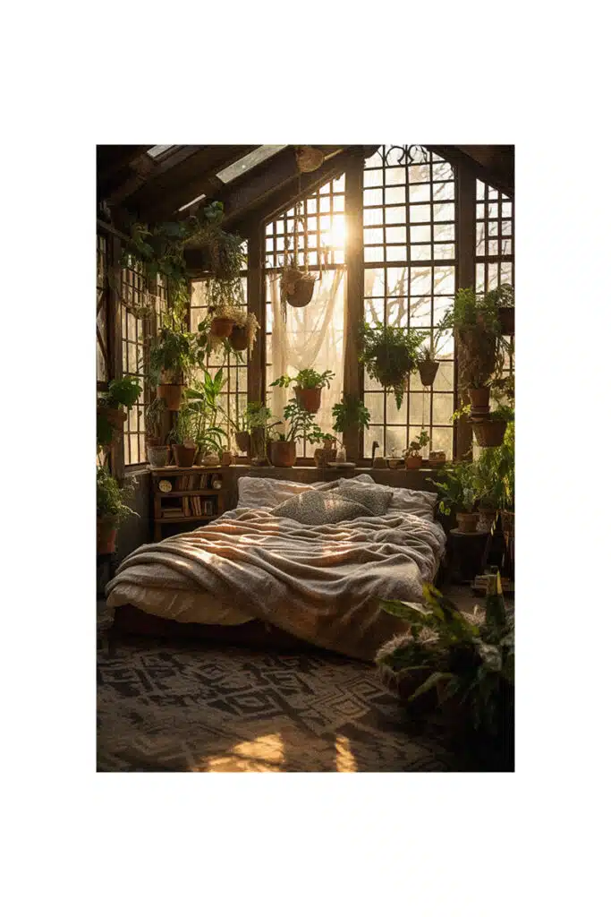 A boho bedroom with a lot of plants.