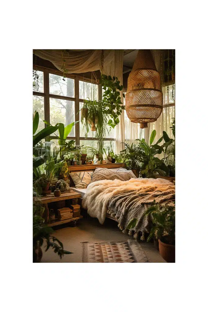 A boho bedroom with lots of plants and a bed.