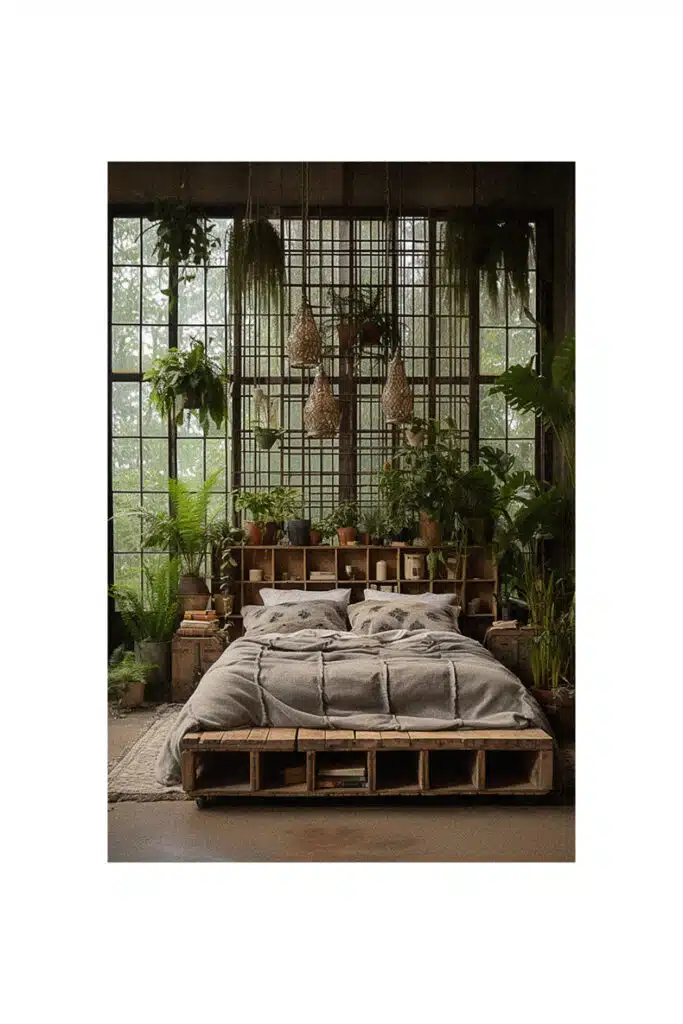 A boho bedroom with a pallet bed and plants.