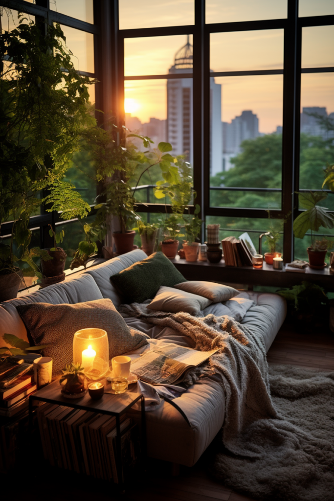 An apartment with a chill vibe, featuring a cozy couch surrounded by plants and lit by a lamp.