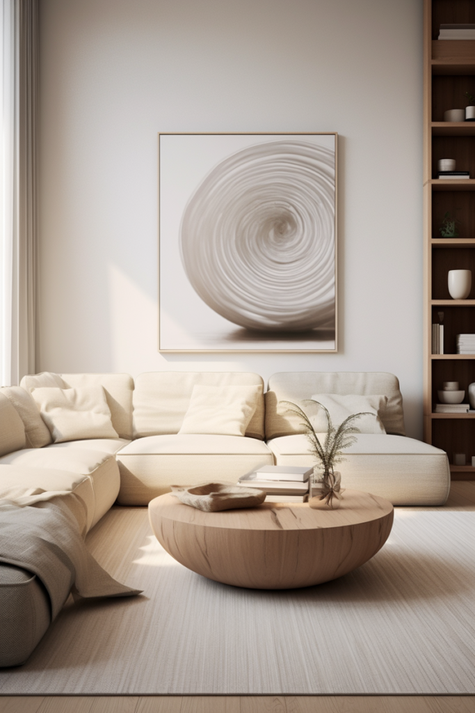Embrace calm in a white living room with a large painting on the wall.