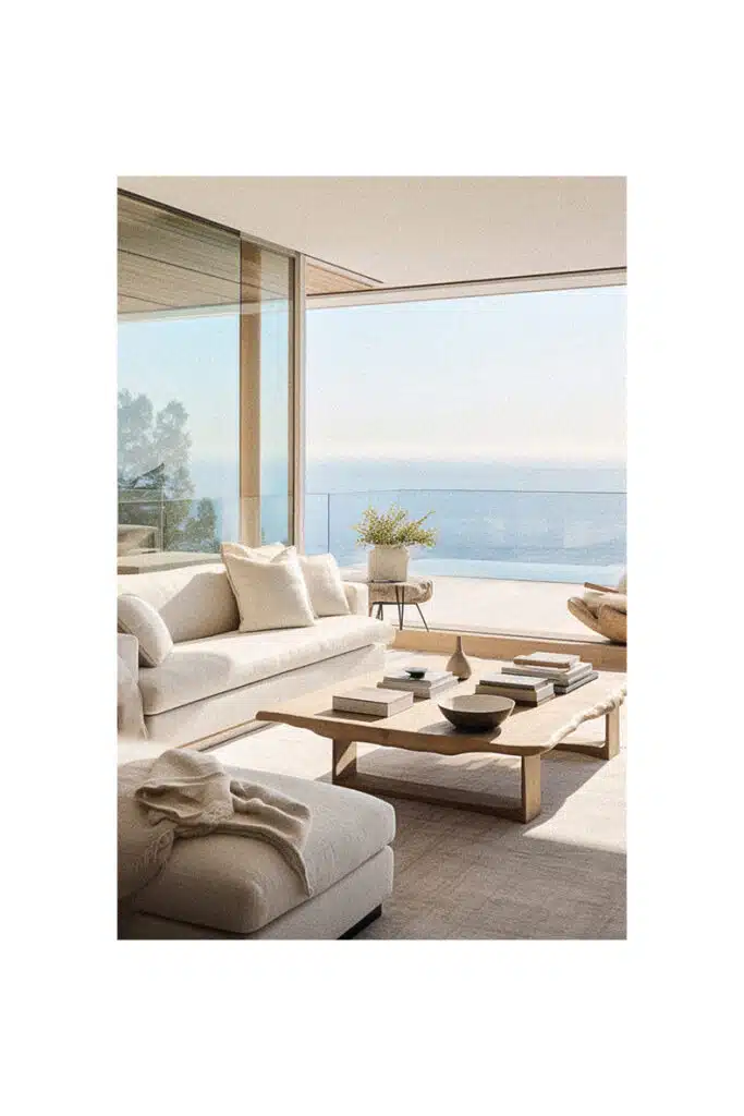 A Coastal Modern living room with a view of the ocean.
