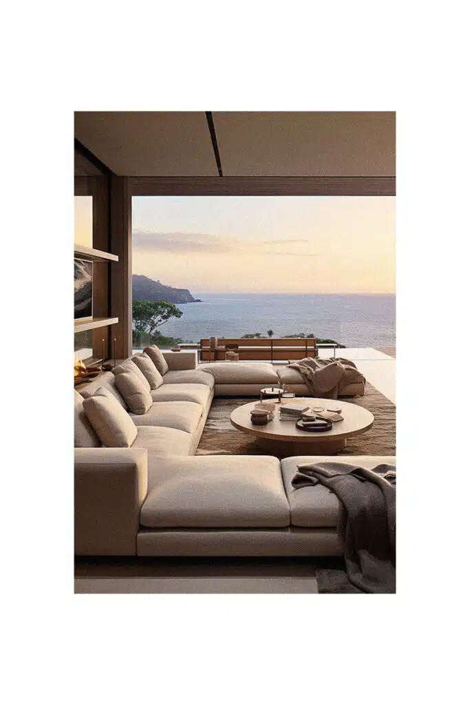 A modern living room with a coastal view of the ocean.