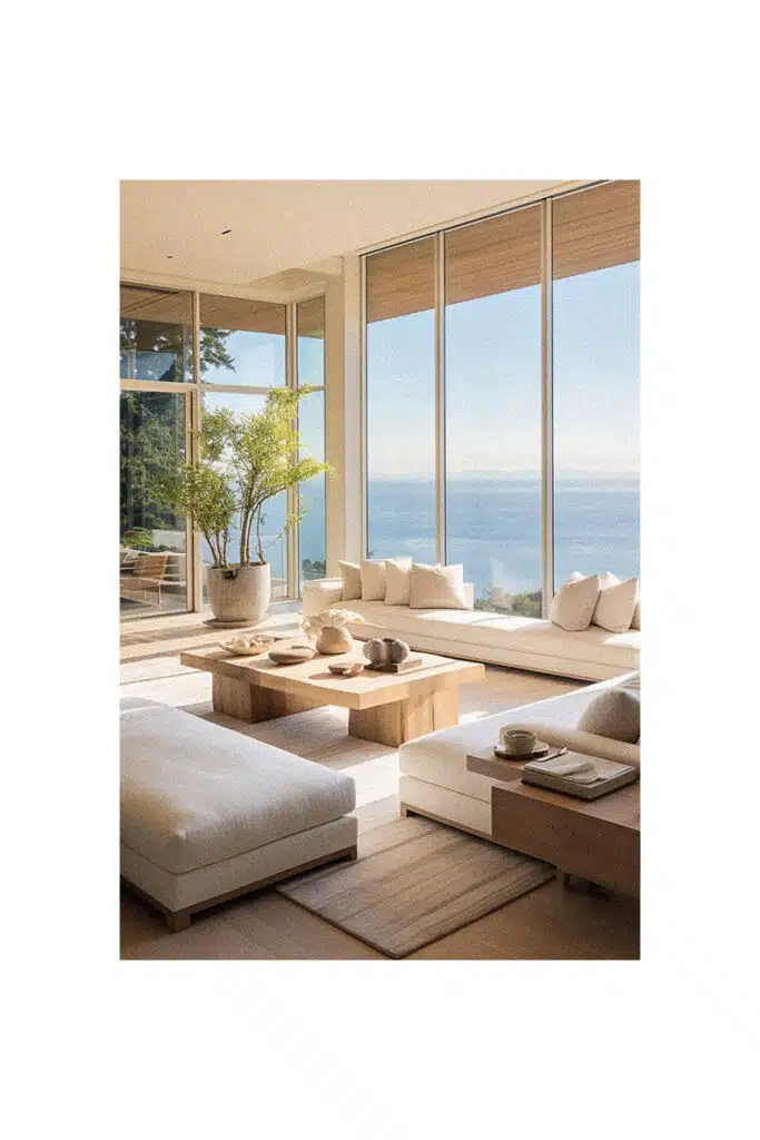 Coastal living room with large windows overlooking the ocean.