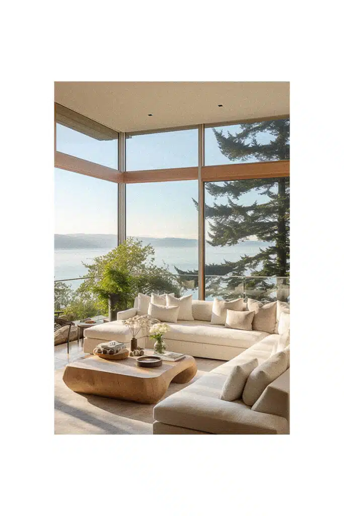A Coastal Living Room with large windows overlooking the water.