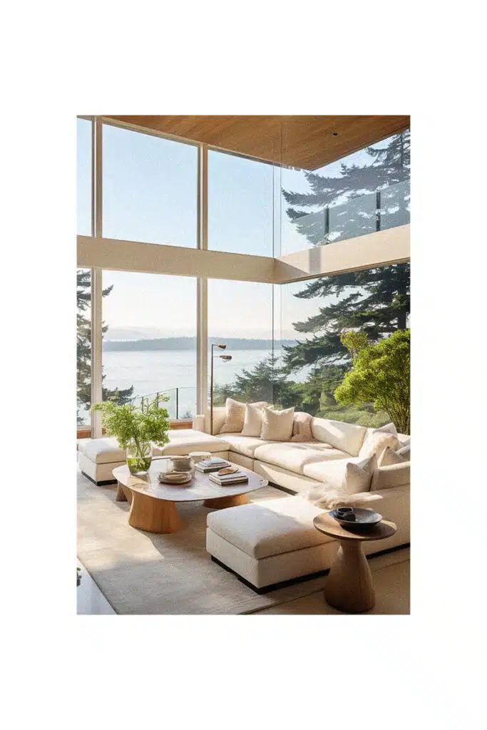 Coastal living room with large windows overlooking the water.