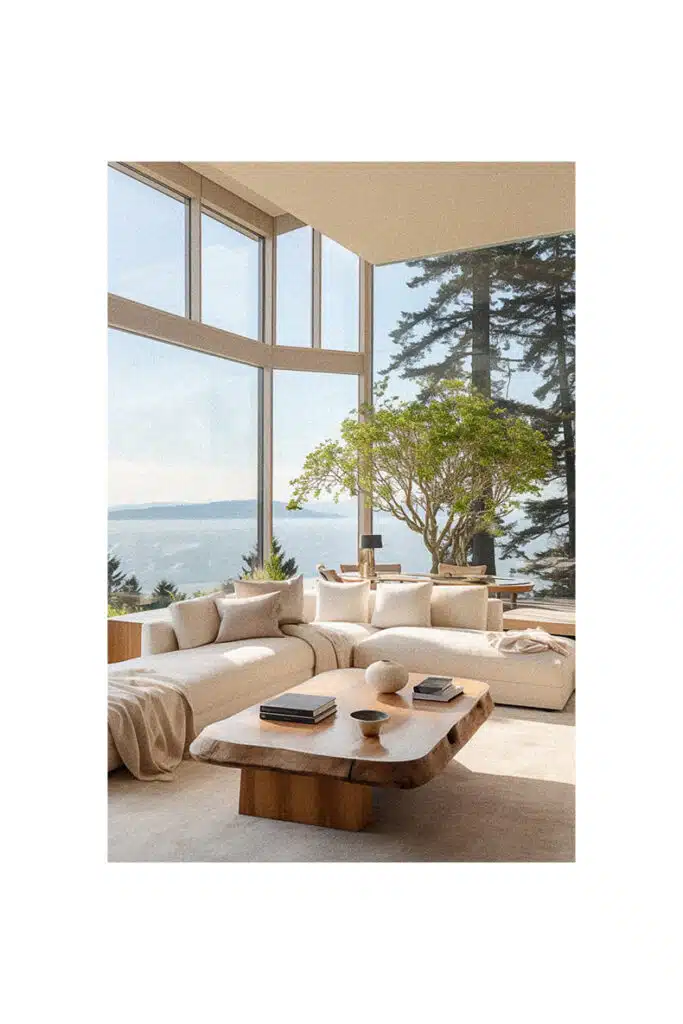 A coastal living room with large windows overlooking the ocean.