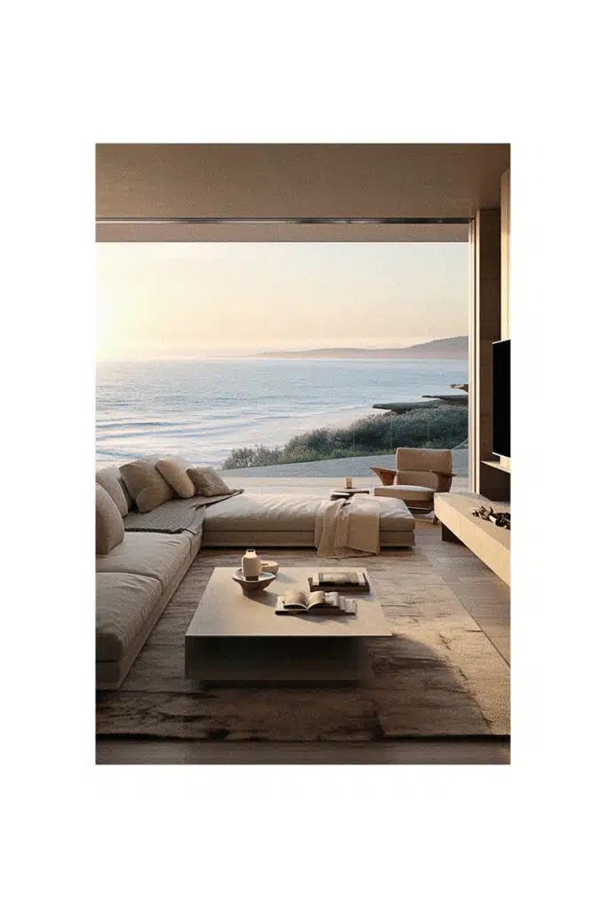 A Coastal living room with a view of the ocean.