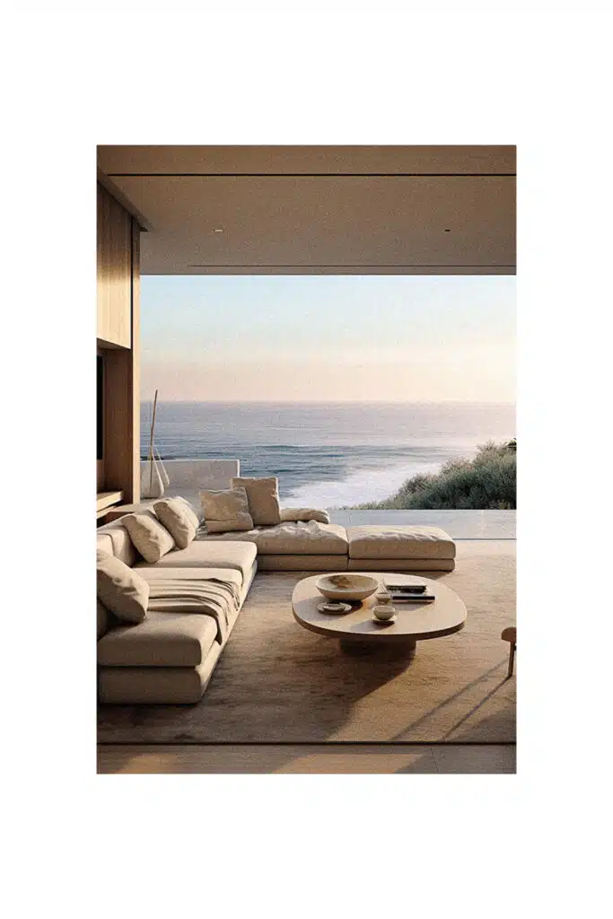 A coastal living room with a view of the ocean.