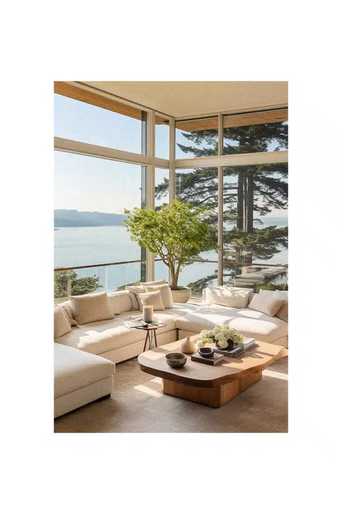 A living room with large windows overlooking the ocean in a coastal setting.