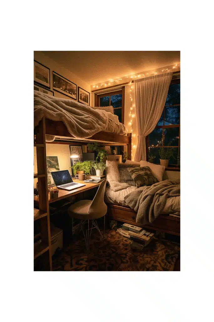 Cozy college dorm room with a bunk bed and a desk.