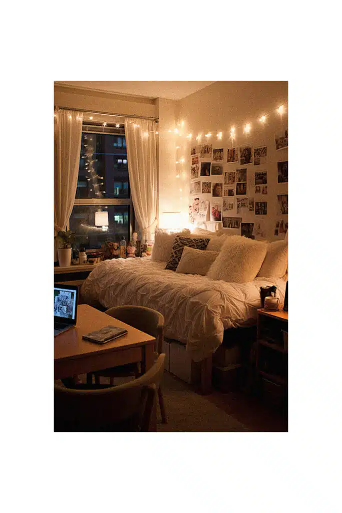 A cozy college dorm room with a bed and a laptop.