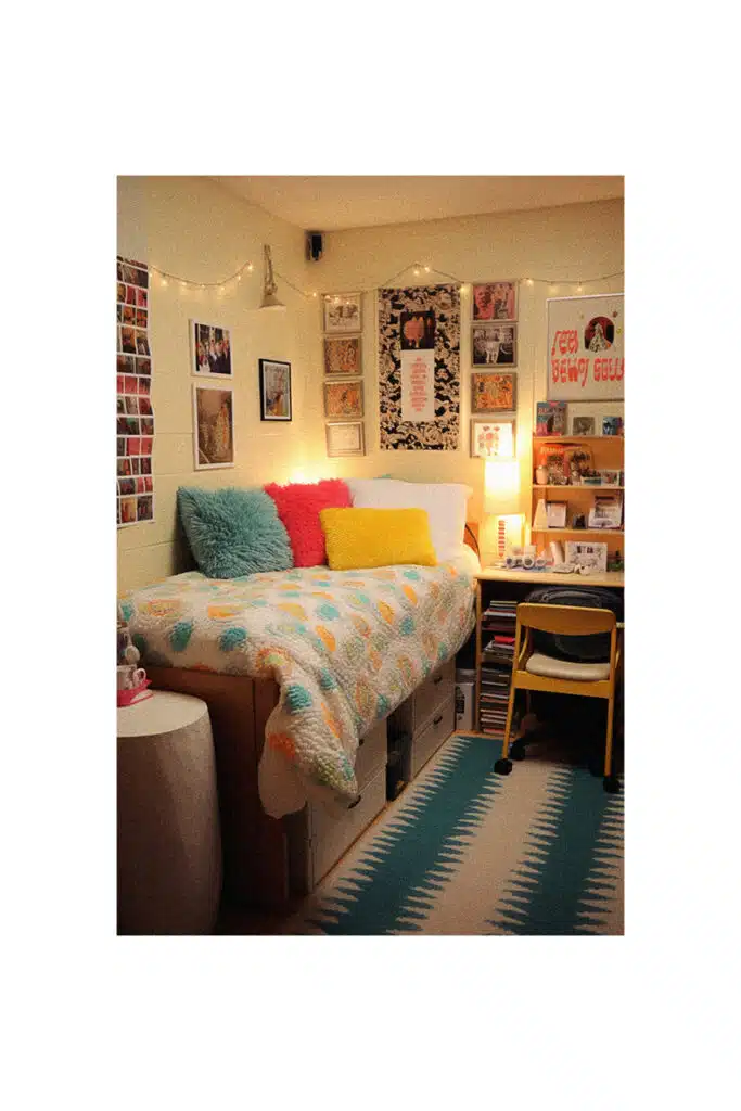 Cozy college dorm room.