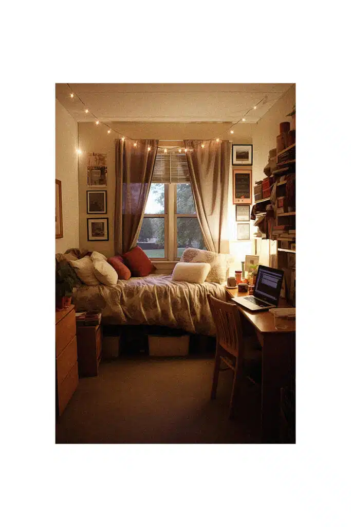 A cozy college dorm room with a bed and a laptop.