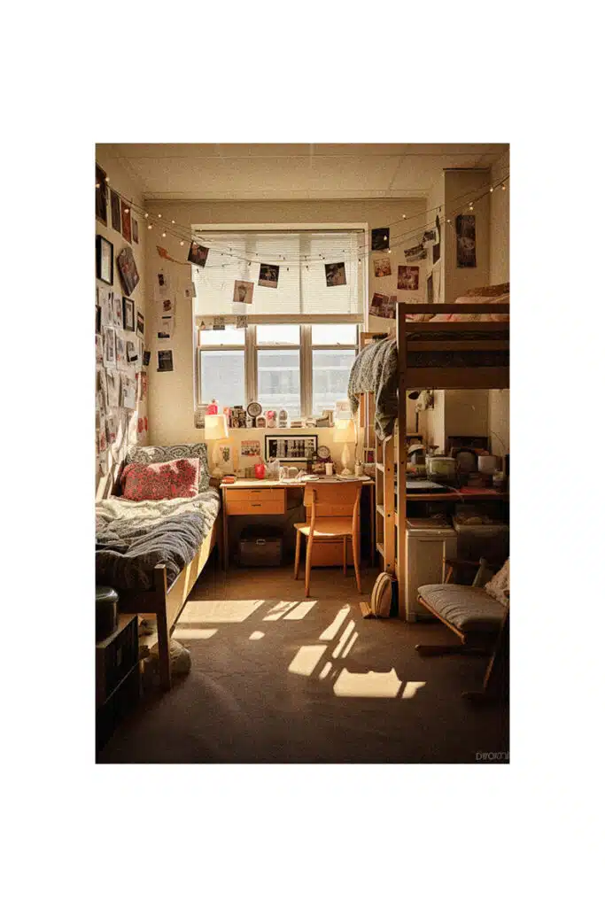 Cozy dorm room with bunk beds and a desk.