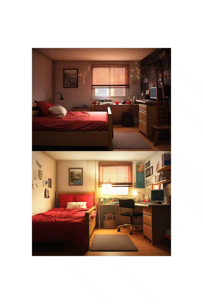 A cozy college dorm with a bed and a desk.