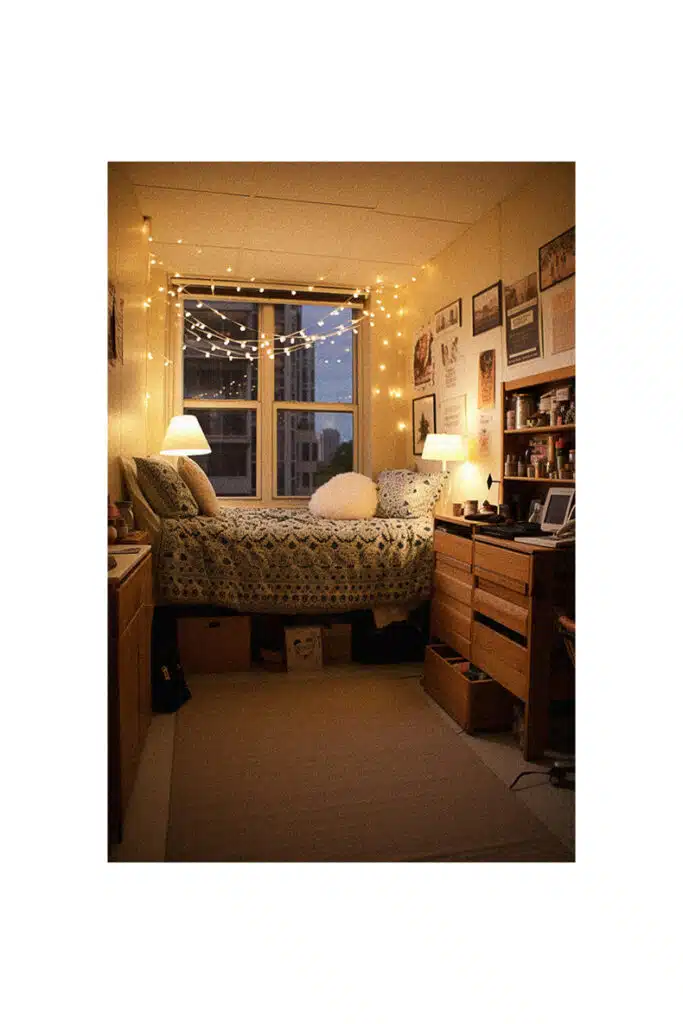 A cozy bed in a college dorm room.